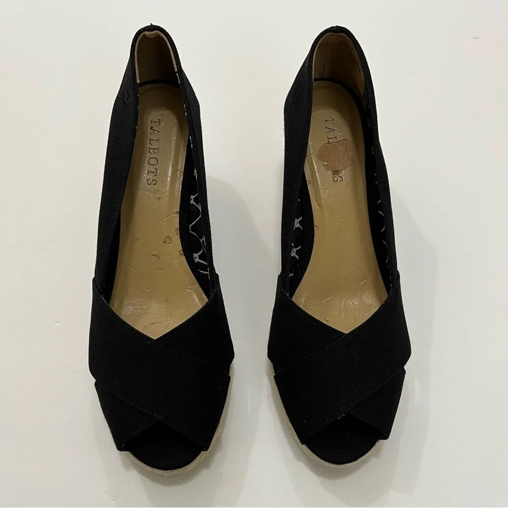 Talbots Black Slip On Espadrille Wedge Jute Shoe